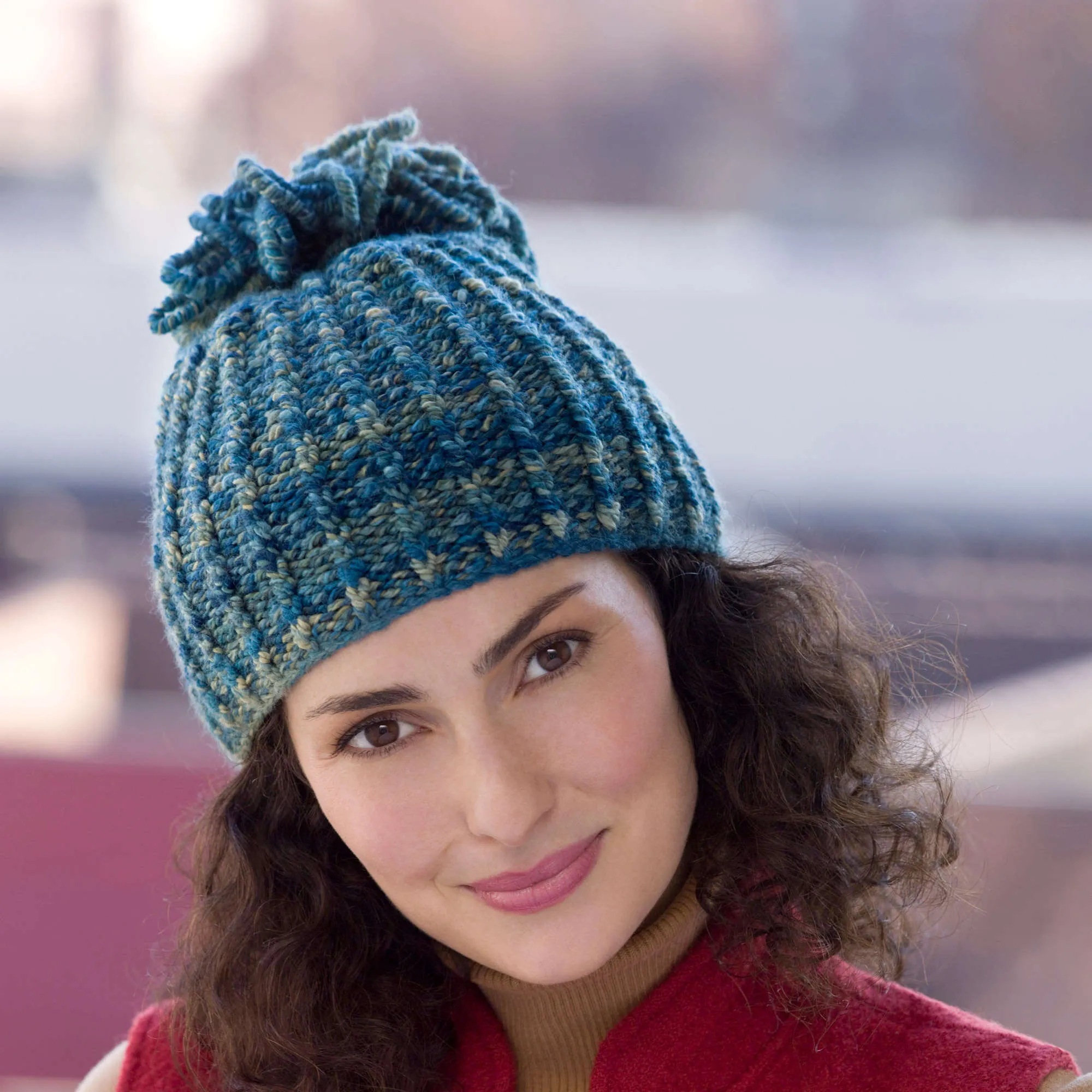 Red Heart Knit Looped Tassel Hat